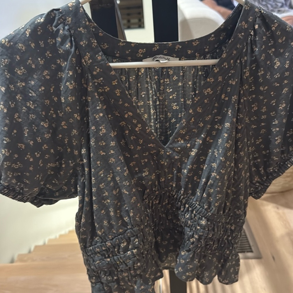 Madewell Black Puff Sleeve Blouse with Smocked Details